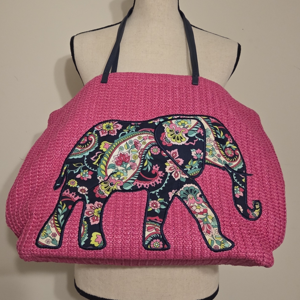 Vera Bradley Pink Straw Elephant Tote Bag Large Beach Travel Bag w Pouch